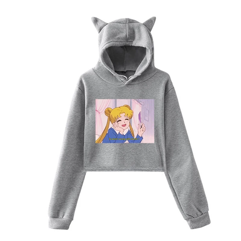 Сейлор Мун с эстетическим принтом для женщин Harajuku Короткие толстовки осень Kawaii уличная Толстовка для девочек модный пуловер с капюшоном - Цвет: 902-mx-1218-6(5)