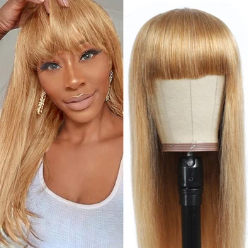 

Straight Wig With Bangs Brazilian Human Hair Wigs For Black Women Honey Blonde Remy Full Machine Bangs Wig 150% Density KEMY