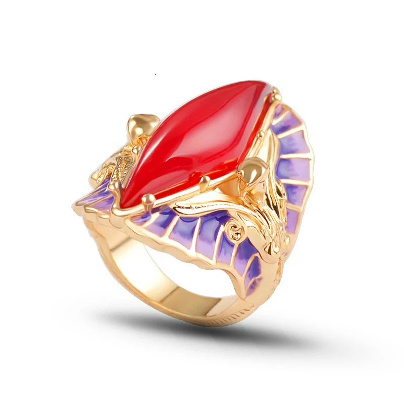 Новинка, винтажные кольца с большим красным и синим натуральным камнем для женщин, модное Бохо Золотое кольцо с русалочкой, королевское красочное эмалированное обручальное кольцо для женщин - Цвет основного камня: Red