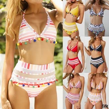 Hot Womens Tassel High Waist Bikini Set Padded Stripe Print Swimsuit Brazilian Bathing Suit Hot Two Pieces Biquini Mujer Hot Womens Tassel High Waist Bikini Set Padded Stripe Print Swimsuit Brazilian Bathing Suit Hot Two Pieces Biquini Mujer