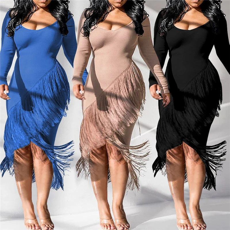 

Fashion Women Solid Color Dress Long Sleeve Square Collar Irregular Fringed Hem Gown Slim Clothes Tassel Dress V-neck wholesale