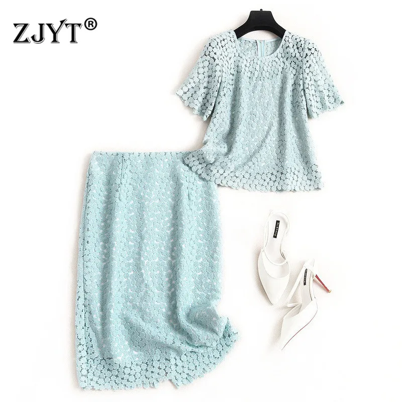 Женский летний комплект из 2 предметов с юбкой ажурный кружевной топ коротким