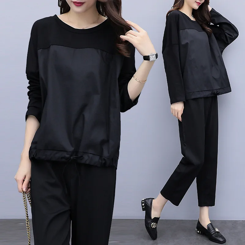 

2019 Autumn Clothing New Style Korean-style Large Size Dress Fat Mm 200 Solid Color Simple Slimming Tops Pants Two-Piece Set