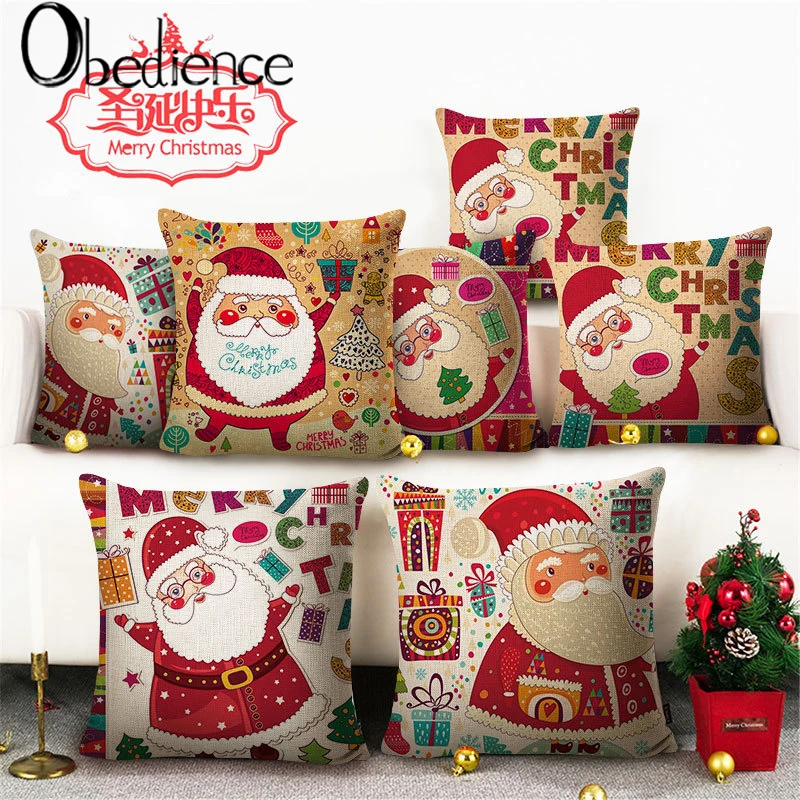 

Obedience Santa Claus Fine Printed Flax Pillow Cover Christmas Household Supplies