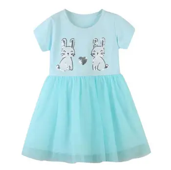 

Summer New Children Baby Green Bunny Sequined Mesh Dresses , Girls Princess Cute Printed Clothes 6 Pieces/lot Wholesale