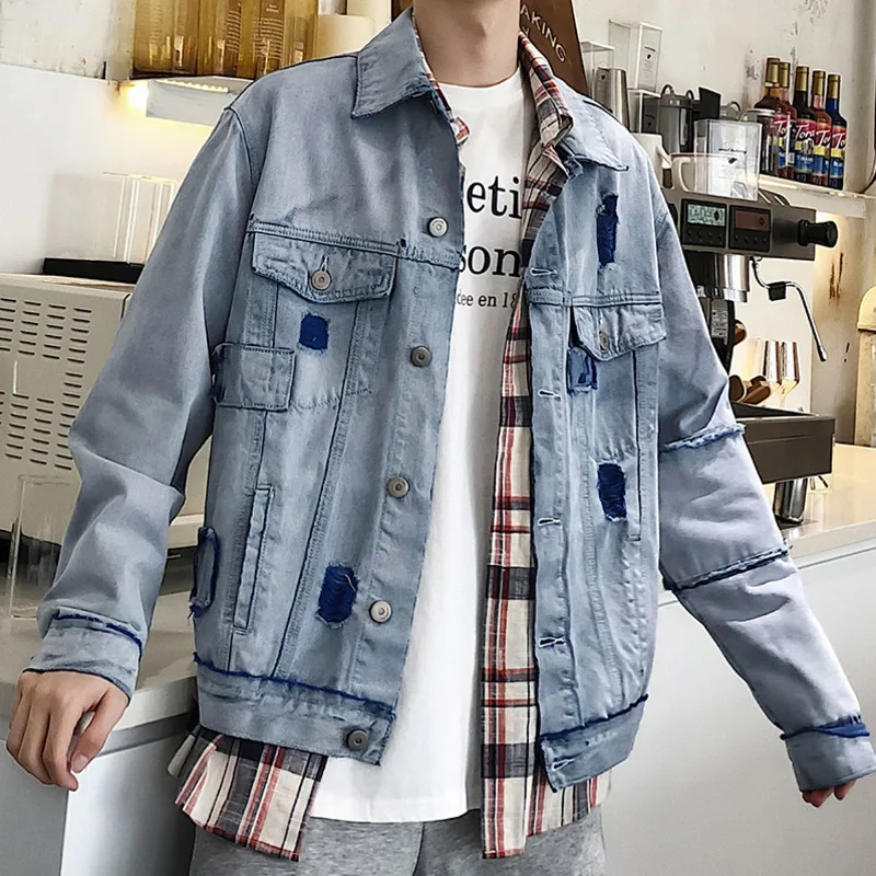 

Hole Denim Jacket Men's Fashion Hit Color Casual Denim Jackets Coat Mens Streetwear Wild Loose Hip Hop Bomber Jacket Men M-5XL