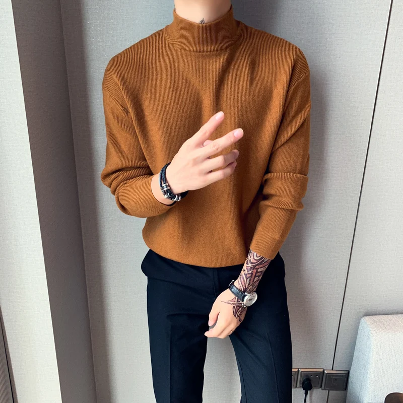 

2019 Autumn And Winter New Wave Male British Casual Loose Pullover Large Size Solid Color Half High Collar Bottoming Sweater