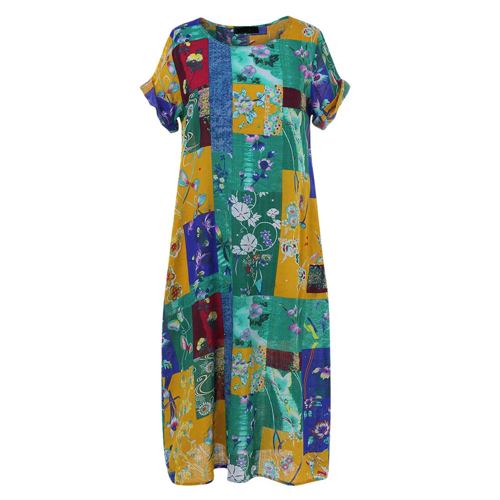 JAYCOSIN 2019 Fashion Dress Women Vintage Bohemian Print Short Sleeve O-Neck Plus Size Maxi Dress Girls Color Loose Female 724