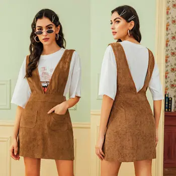 

Autumn Winter Women Double Pocket Corduroy Suspender Skirts Pleated A Line Elastic Waist Braces Skirts Casual Style Skater Skirt
