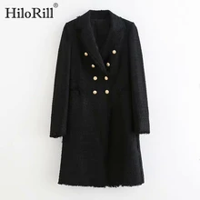 Женский двубортный элегантный черный блейзер с длинным рукавом и зубчатым воротником средней длины блейзер с пуговицами модная офисная одежда Chaqueta Mujer