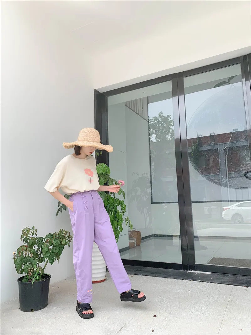 Autumn New Women's Korean Fashion Embroidery Flower Trousers Women's Purple Casual High Waist Preppy Style Straight Pants