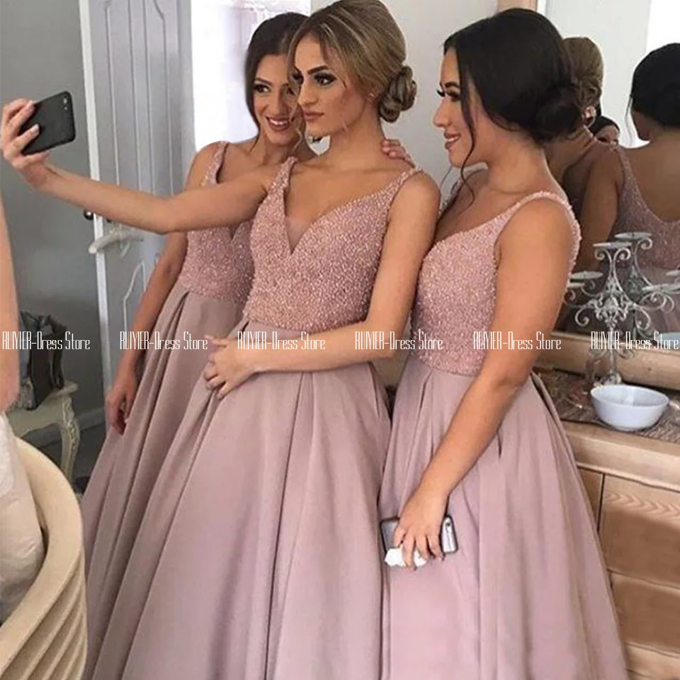 

V Neck Beaded Dusty Pink Bridesmaid Dresses Zipper Up Back Floor Length Satin Wedding Party Dresses Robe De Soirée De Mariage