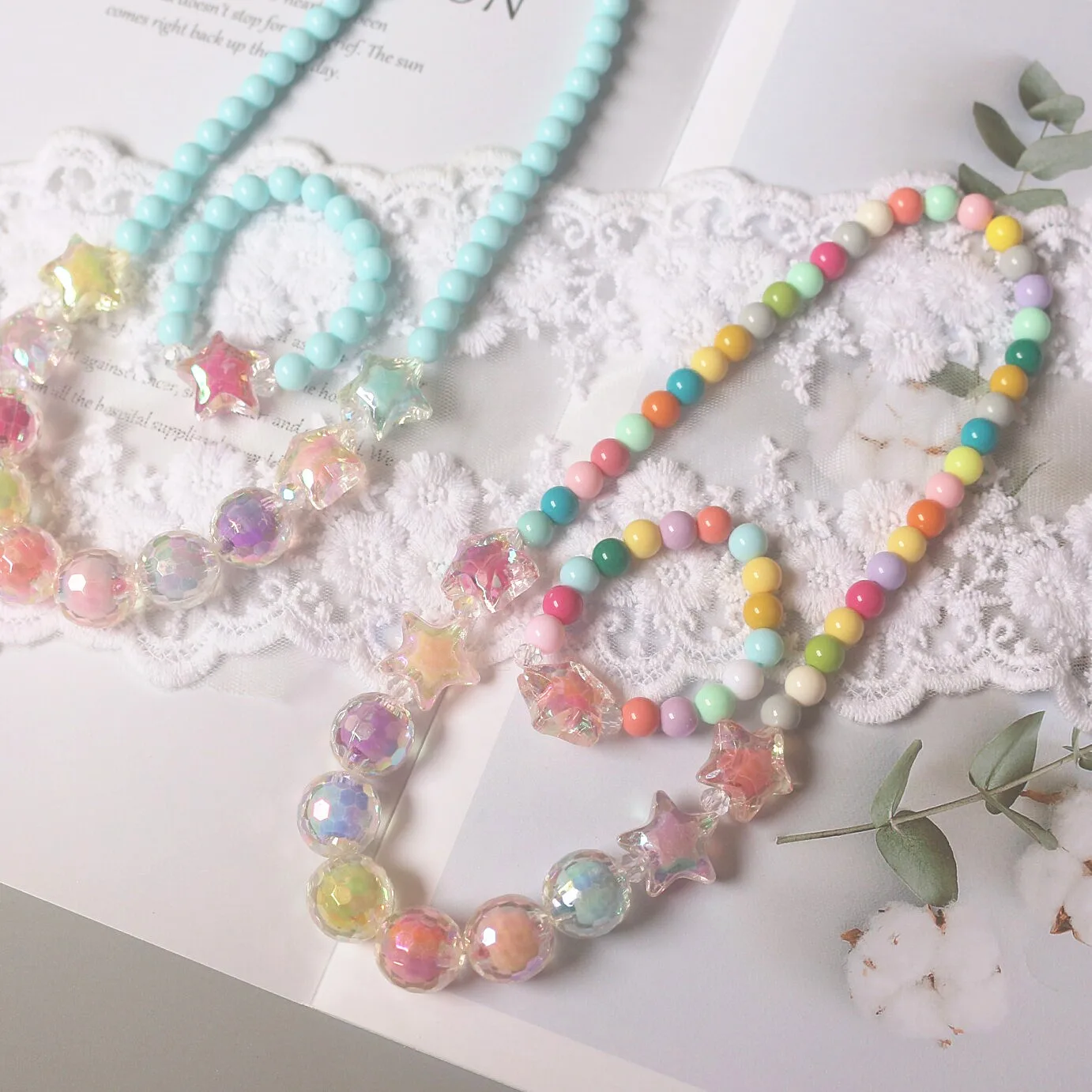 Korean-Style Shiny Five-Pointed Star AB Candy-Colored Hipster Cute Kids Girl's Necklace + Bracelet Set | Украшения и