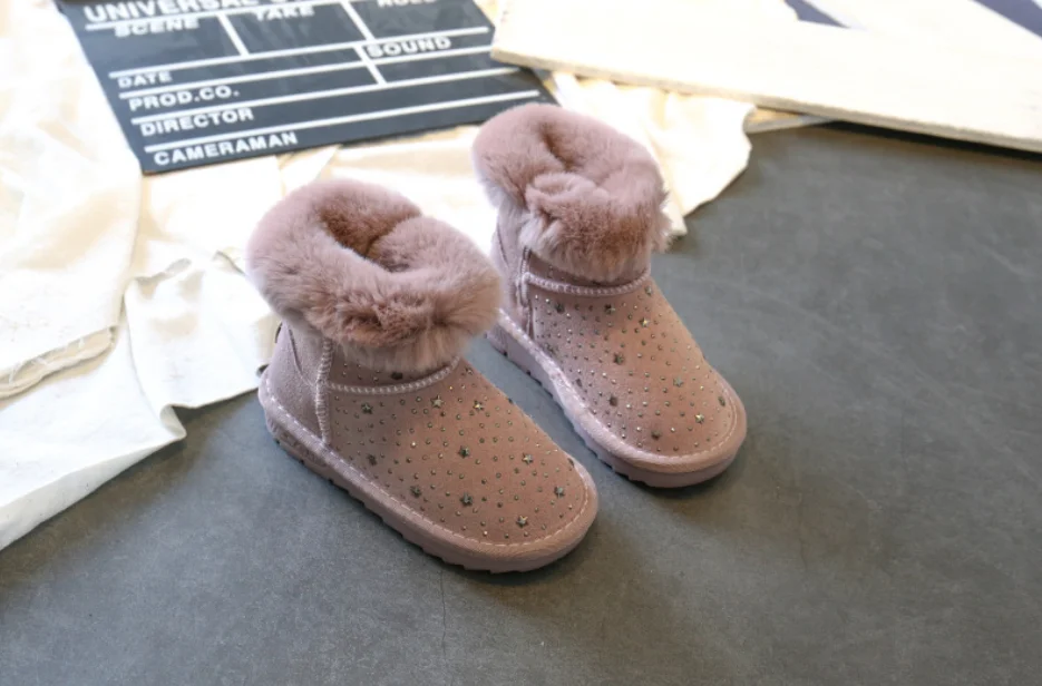 winter kids snow boots baby girls crystal shoes genuine leather fur pink ankle boots school children warm plush boots