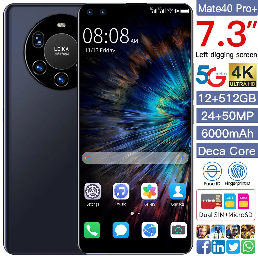 2021 New 7.3Inch Mate40 Pro+ Global Version Smartphone 12GB RAM 512GB ROM Cellphone 24+50MP 4G 5G Network 6000mAh Mobile Phone