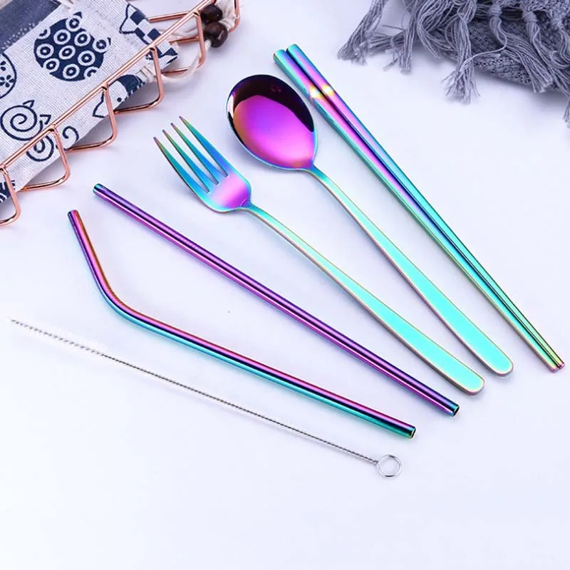 

7pcs/set Portable Dinnerware Stainless Steel Cutlery Set Rainbow Dinner Set Travel Dinner Knife Tableware Sets Pouch