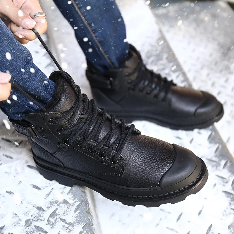 

Men's Boots plush Warm Black genuine Leather Snow Boots Handmade Men Lace Up Outdoor Waterproof Sneaker Casual Winter boots Men