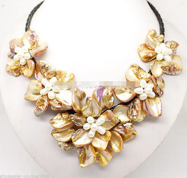 1004+++Pretty Gold pearl &amp shell mother of 5 flower pendant necklace 18&quot | Украшения и аксессуары