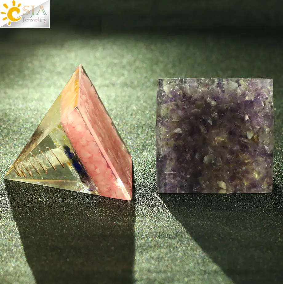 Csja 49x49 мм Orgone Пирамида Orgonite конвертер энергии природный гравий Chakra Смола металлическая спираль заживление удача украшение дома G258