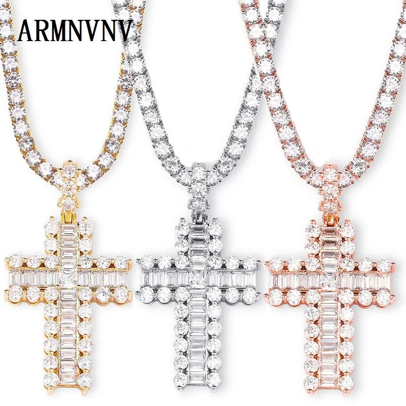ARMNVNV Mens Women Hip Hop Iced Out Rose Gold Silver Color Zircon Double Layers Cross Pendant Tennis Chain CZ Necklace | Украшения и
