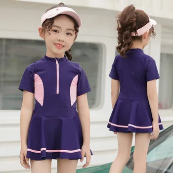 

2020 new college sports competition sunscreen sleeve short sleeve skirt one piece solid student girls' swimsuit