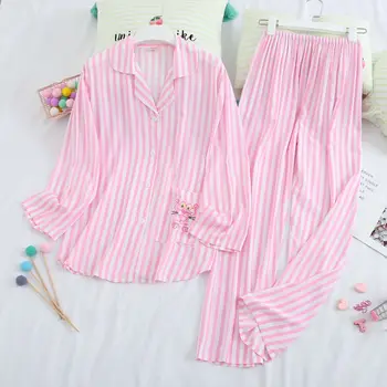 

2PCS Sleep Set Cotton Stripe Women Nightwear Sexy Printed Cartoon Cute Pajamas Suit Turn-down Collar Top&pants Pyjamas Sleepwear