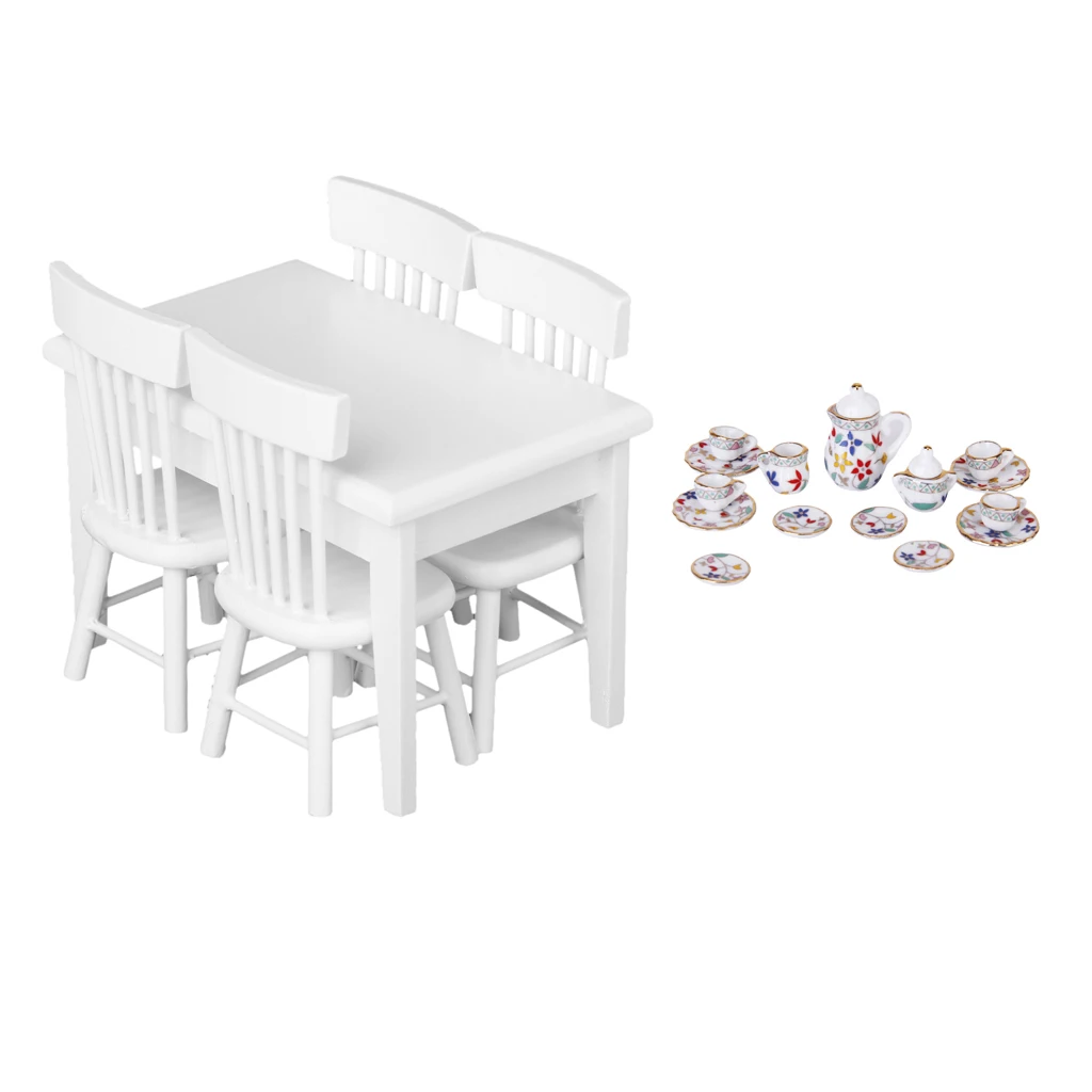 1/12 Dollhouse Porcelain Tea Set and White Wooden Table Chair Furniture Decor Accessories, Miniature Model Display