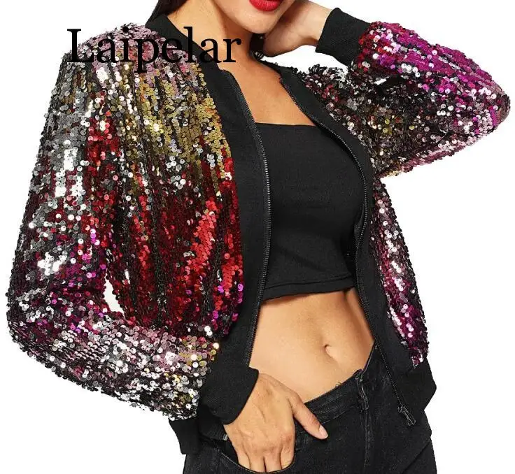 Veste à Paillettes Femme - Style Pilote, Courte, Col Montant, Fermeture Éclair - Pour Soirée, Streetwear - 7