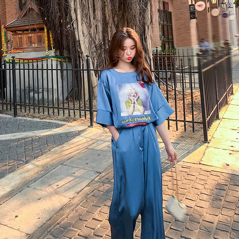 

Photo Shoot 2019 Summer New Style Fashion Casual Sports Loose Pants Two-Piece Set WOMEN'S Dress Loose Straight Slimming Fashion