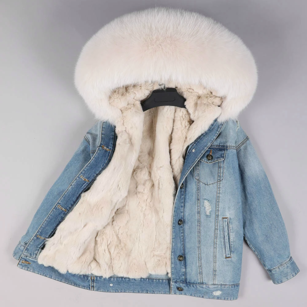 Discount OFTBUY 2019 Winter Jacket Women Real Fur Coat Parka Real raccoon collar Rex Rabbit liner striped bomber Denim jacket Streetwear 4