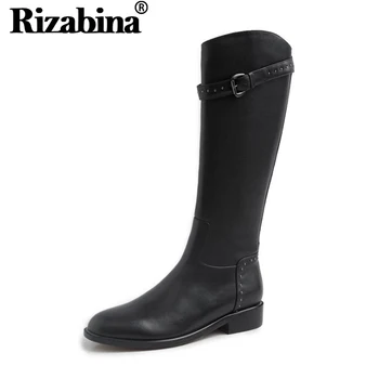 

RIZABINA Women Real Leather Rivets Buckle Knee High Boots Flats Sexy Office Knight Boots Daily Party Outdoor Footwear Size 34-43