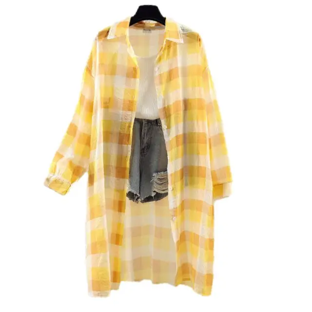 2019 Summer New Women Casual Medium length fund Multi color Shirts Loose Long Sleeve Plaid Shirt Thin coat