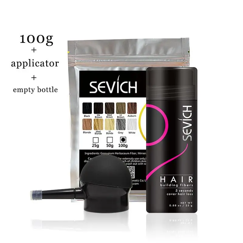 Fibra de Construção do Cabelo Vazia + Aplicador Espessador de Cabelo Tratamento de Perda de Cabelo Bolsa + 25g Sevich Reenchimento Garrafa Mais Completo 10 Cores 100g