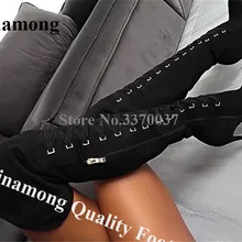 Linamong Сексуальная черная замша кожа высокий тонкий каблук сапоги-гладиаторы выше колена; мотоботы с голенищем до Туфли с ремешком и пряжкой, на шнуровке, длинные, с высоким каблуком, вечерняя обувь, сапоги