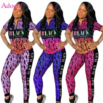 

Adogirl Casual Letter Print Patchwork Two Piece Set Fashion V Neck Short Sleeve Top Long Pants Tracksuit Female Home Jogger Suit