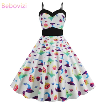 

Bebovizi Women Clothes 2019 Autumn Halloween Dresses Casual Plus Size Vintage White Vestidos Pumpkin Print Elegant Party Dress