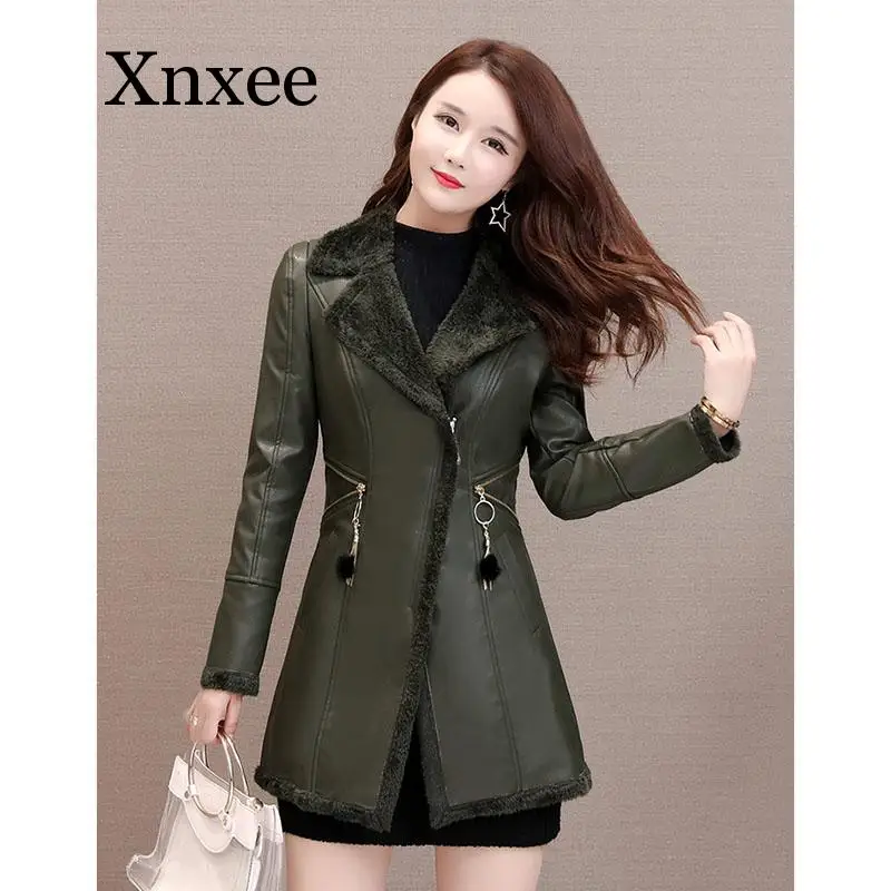 Women Leather Windbreaker Plus Velvet Thick PU Leather Cotton Coat Long Suit Collar Large Size Fashion Warm Leather Jacket