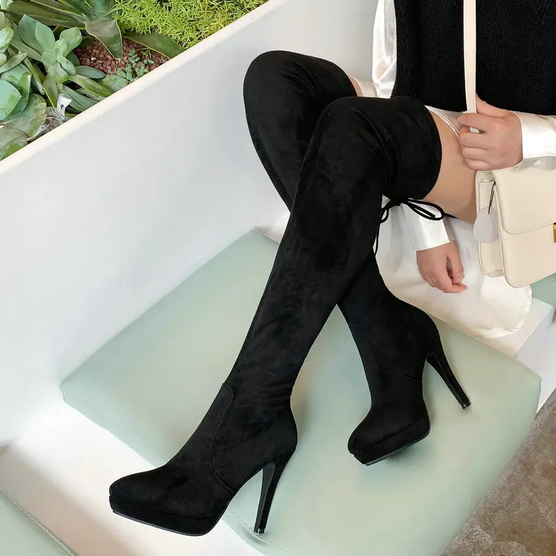 Черные, серые женские ботфорты из искусственной замши на платформе и шпильке; ботфорты на высоком каблуке; женские эластичные сапоги с острым носком
