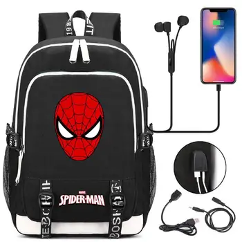 

Disney USB Charging Headphone Backpack School Bags Mochila Laptop Backpack Schoolbag Anime SpiderMan Printing Backpack