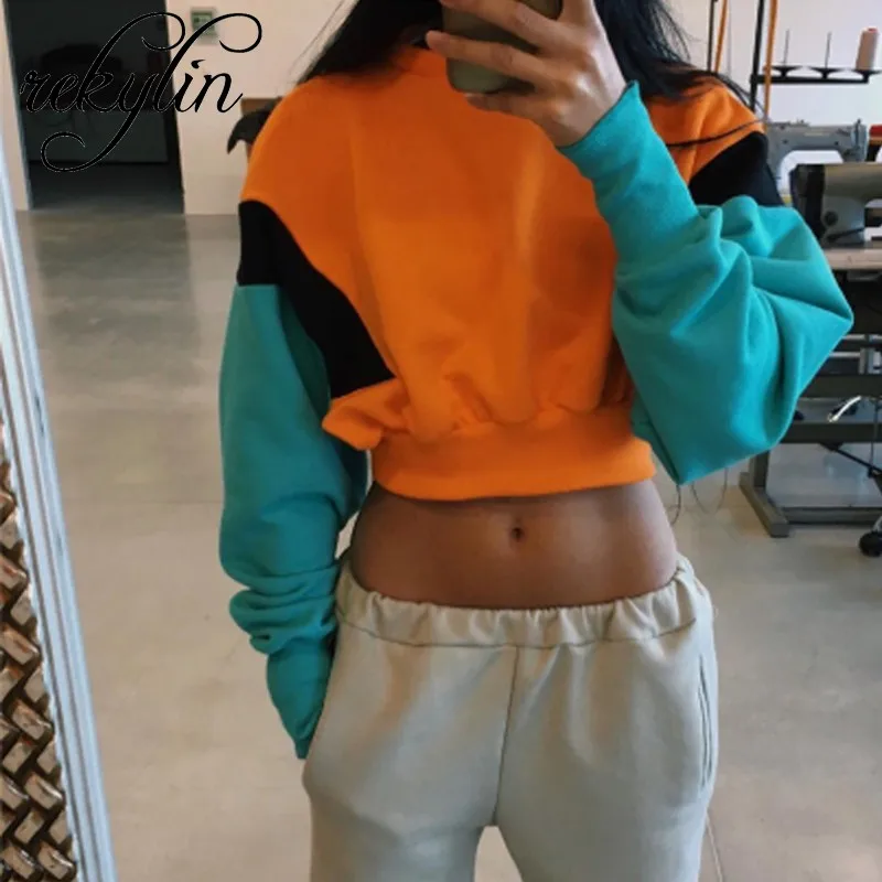 

2019 Fashion Women's Spring and Autumn Cute Pink Orange Hoodie Long-Sleeve Loose Shirt Sweatshirt Casual Patchwork Cloth