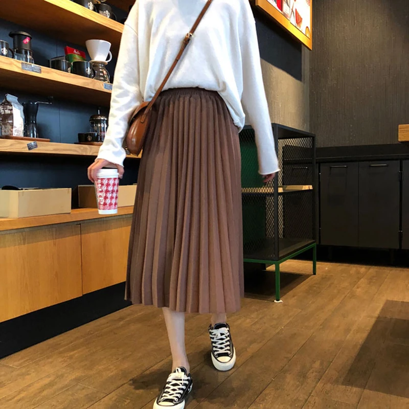 

Vintage Casual Solid A-Line Women Skirt Female Pleated Mid-Calf High Waist Cute Skirts Ladies Vogue Sweet Harajuku Kawaii Skirts