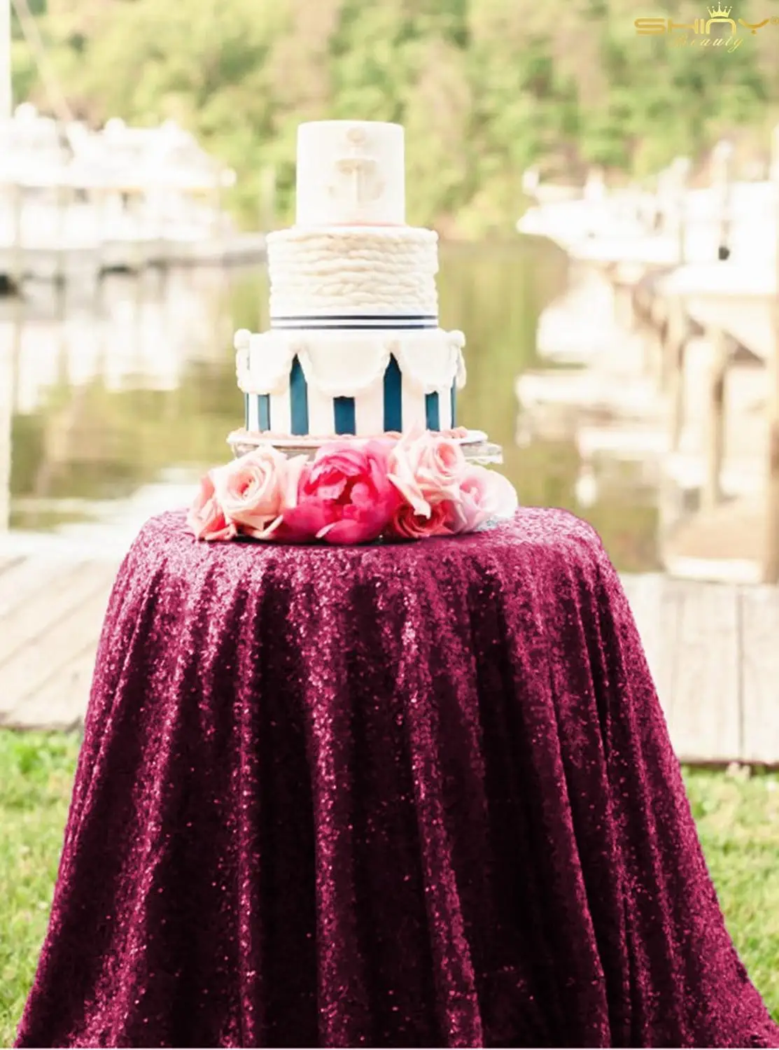  Sequin Tablecloth Round Burgundy 90 Inch Sparkly Table Linen for Wedding Birthday Party Cake Desser