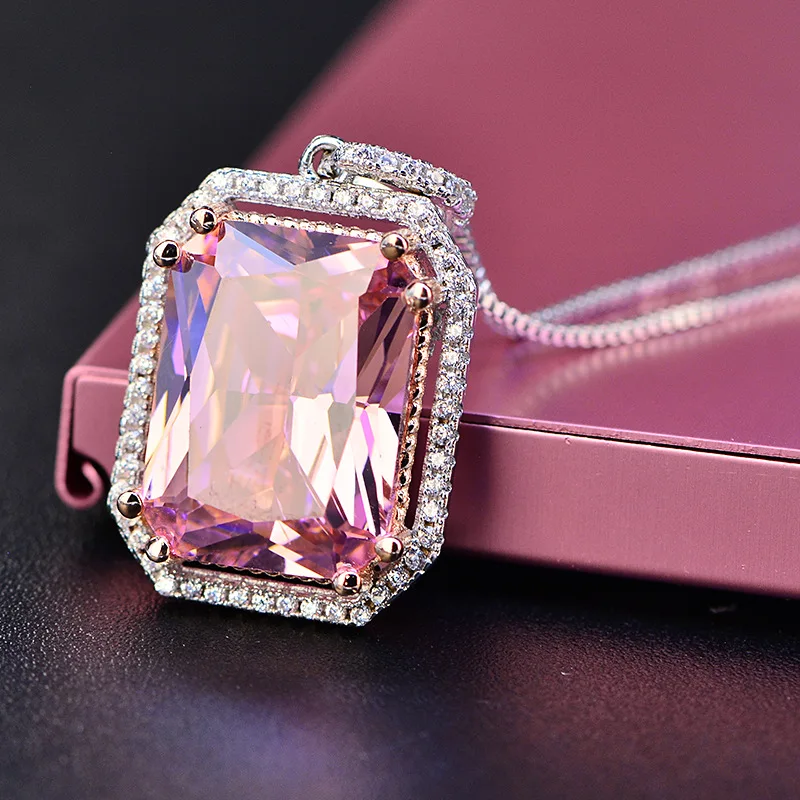 Top Quality Silver Jewelry Sets Pink Quartz Cubic Zircon Ring Earrings Necklace Wedding Exquisite Jewelry Wholesale FCGJHW 4