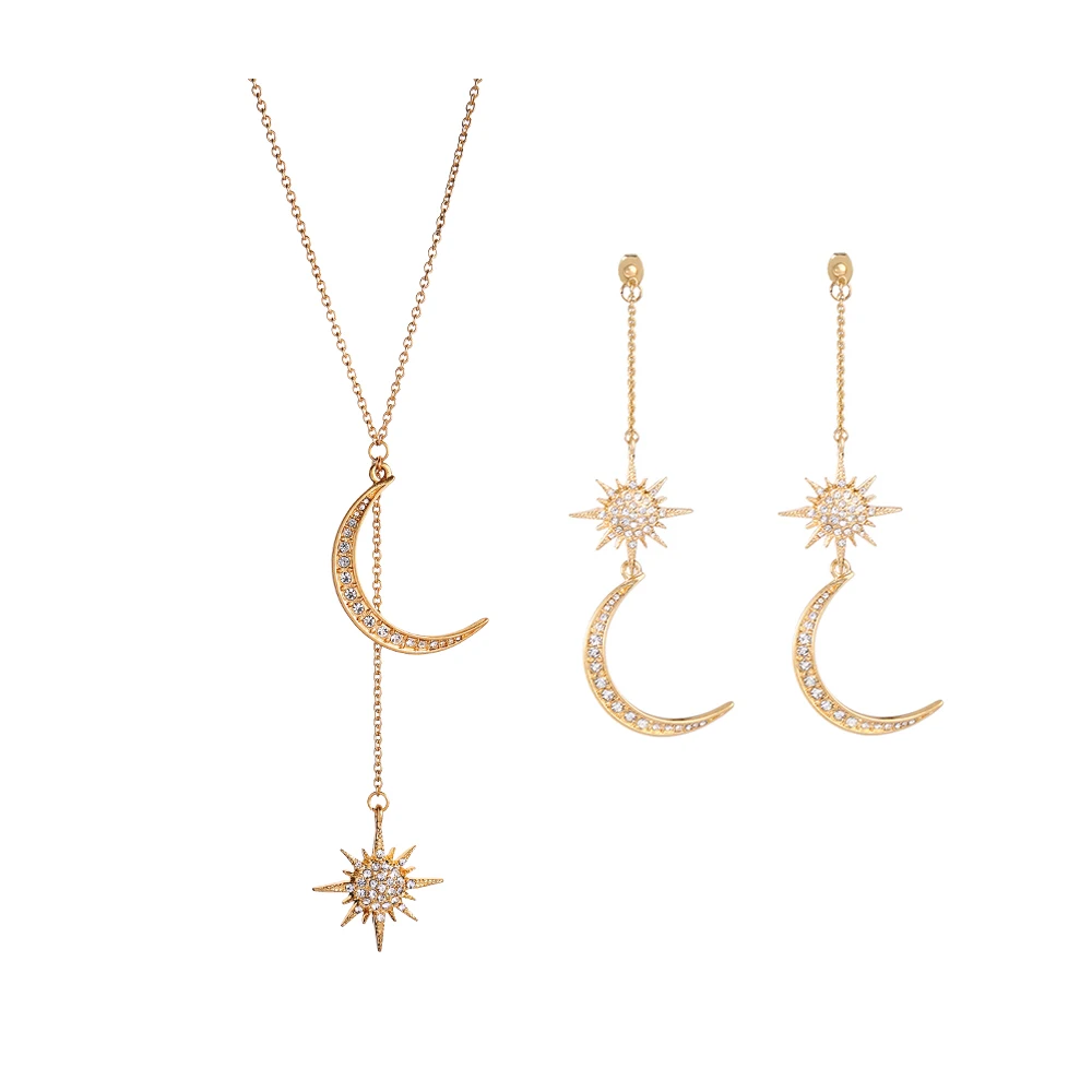 

Initial Gold Color Moon&Sun Series Detached Drop Earrings Crystal Necklace Fashion Jewelry Sets New Arrival