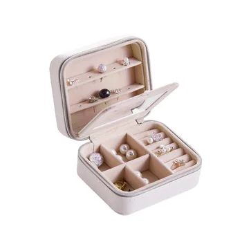 

Women Portable Jewelry Box PU Leather Zipper Design Earring Necklace Rings Storage Organizer Case Makeup Mirror