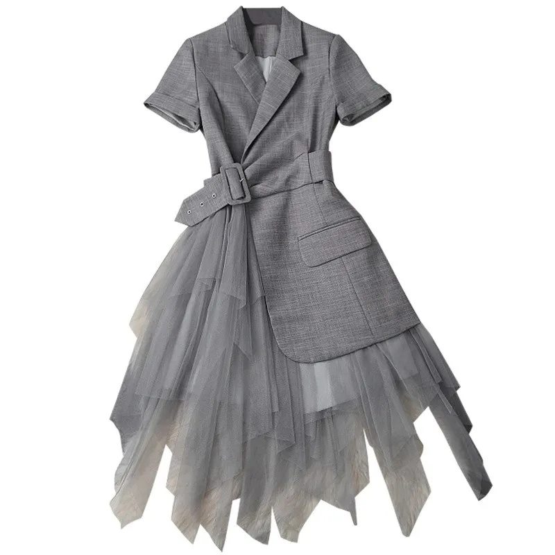 Модное офисное платье-блейзер с зубчатым воротником, женское летнее платье в стиле пэчворк, асимметричное Сетчатое платье, короткая одежда, вечерние платья из тюля для офиса