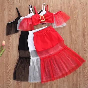 

Girls Clothes 2020 Kids Baby Mesh Set Summer Toddler Infant Sweet 2PCS Off Shoulder Crop Top See Through Skirt Clothing Outfits