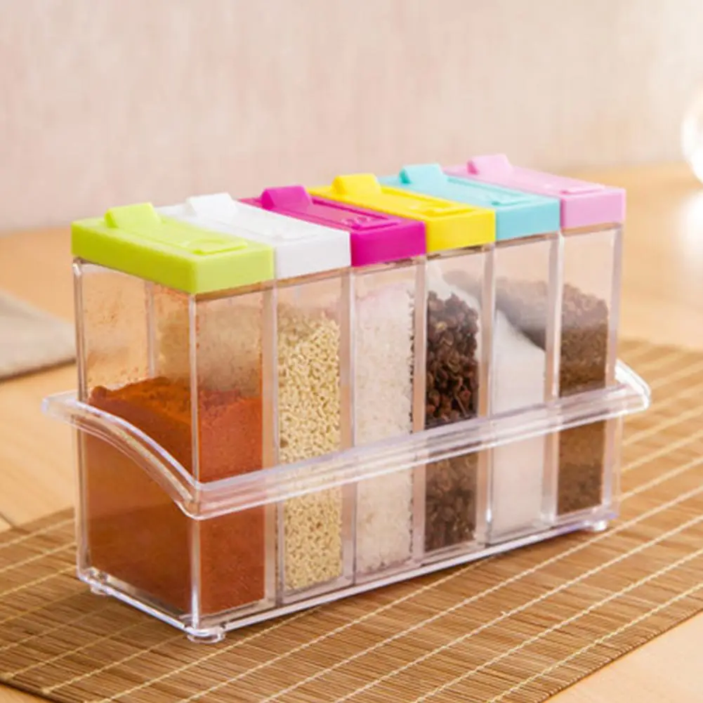 6 Pcs/set Clear Spice Jar Set Seasoning Box Kitchen Condiment Storage  Container With Tray Six Grid Storage Container Spice Rack