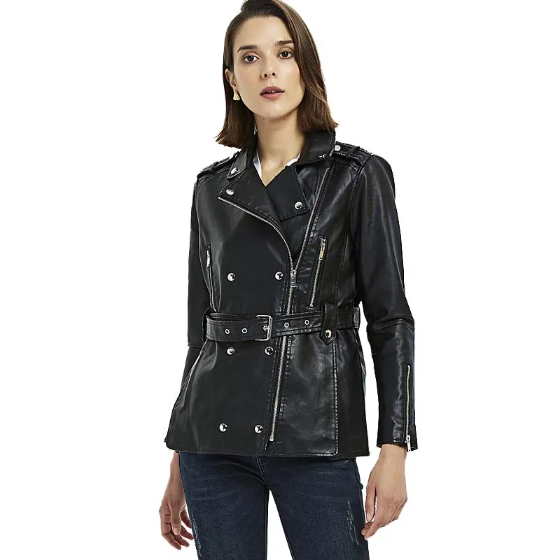 

Slant Zipper Double Breasted Black Faux Leather Biker Jacket for Women Punk Rock Ladies Belted Moto PU Leather Jacket