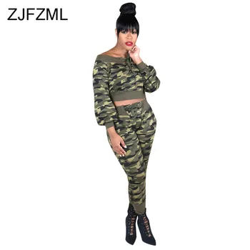 

Camo Print Autumn Winter 2 Piece Set Track Suit Women Slash Neck Long Sleeve Crop Tops and Pencil Pants Plus Size Causal Set